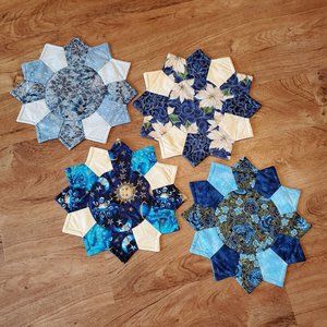 Handmade Quilted Hot Pads / Table Mats / Placemats, Set of 4, Blue Cream Silver